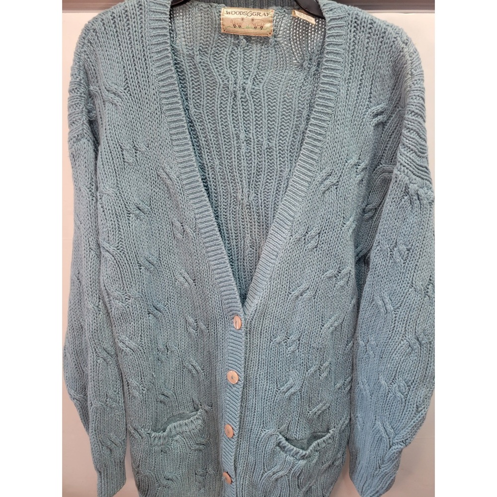 Vtg Woods Gray Cable Knit Cardigan‎ Sweater Light Blue Buttons Pockets Women's M
